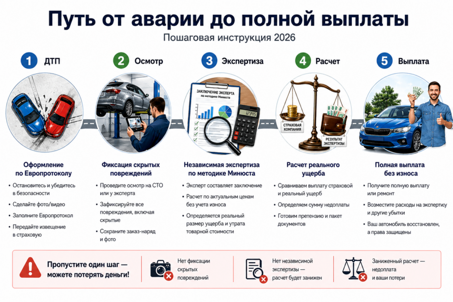 Инфографика путь от аварии до полной выплаты после ДТП через осмотр, независимую экспертизу и расчет ущерба