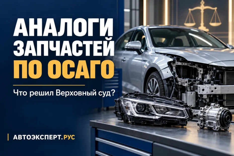 Автомобиль со снятой передней облицовкой, запчасти и весы правосудия — аналоги деталей при ремонте по ОСАГО.